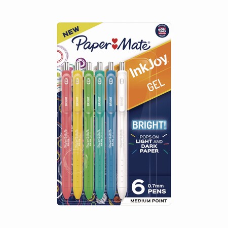 Paper Mate InkJoy Gel Bright Retractable Pen, Medium 0.7 mm, Assorted Ink/Barrel Colors, 6PK 2173765